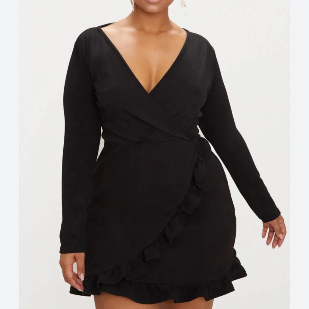 PrettyLittleThing l Black Asymmetrical Ruffled Wrap Dress Size 16 - Picture 1 of 10